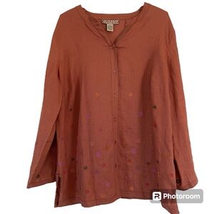Lily Stanhope 100% Linen long sleeve blouse. Rust with embroidery size XL